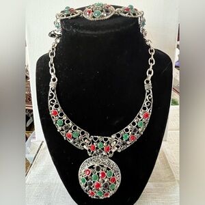 Large Marcasite Rhinestone Stone Motif Necklace pendant and bracelet Silver Tone